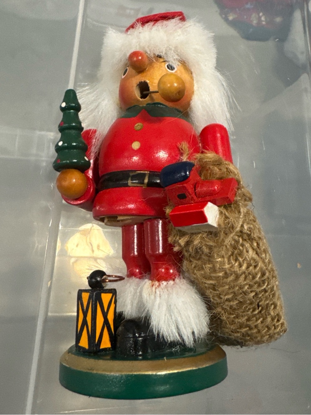 Vintage German incense, smoker, Santa Claus wooden holding tree and toy bag